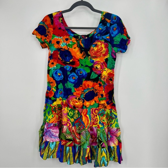 Jams World 100% Rayon Hattie Tiered Floral Mini Dress Hawaiian Surf Line Small - Picture 3 of 8
